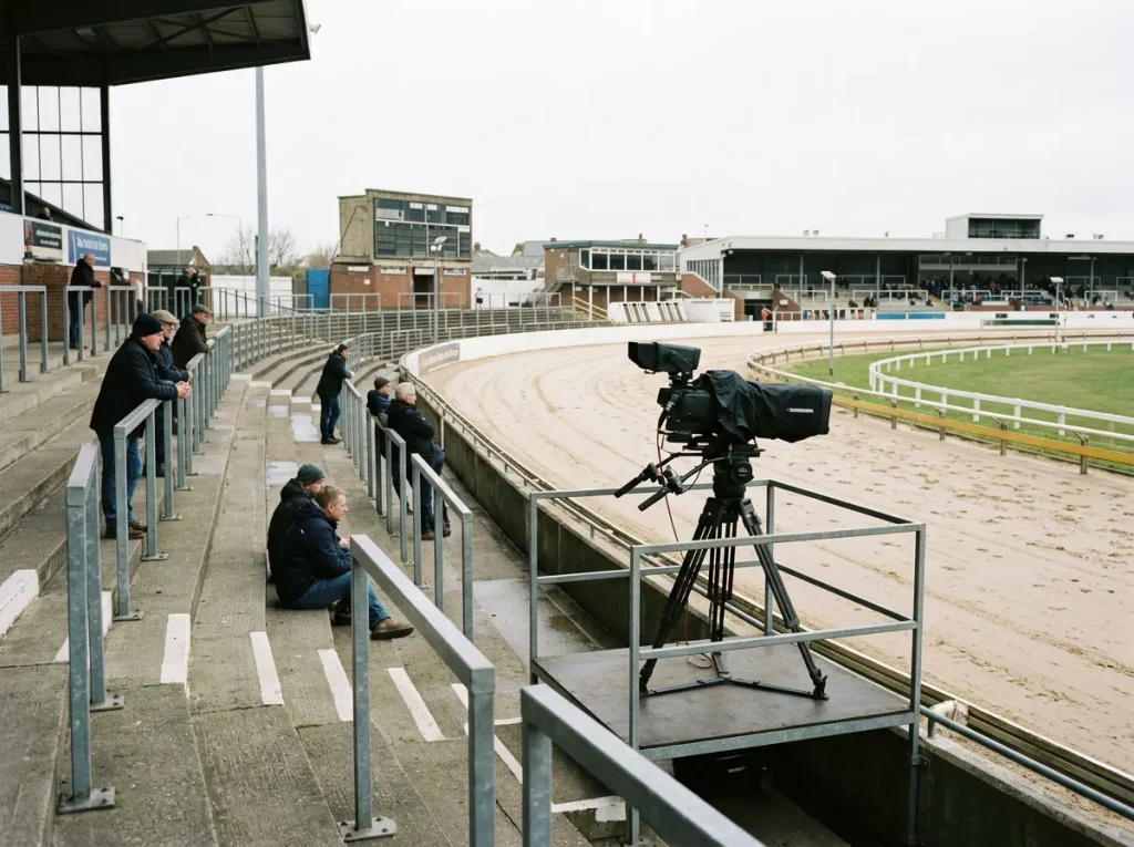 Daytime BAGS greyhound meeting with empty terraces and bookmaker camera positions