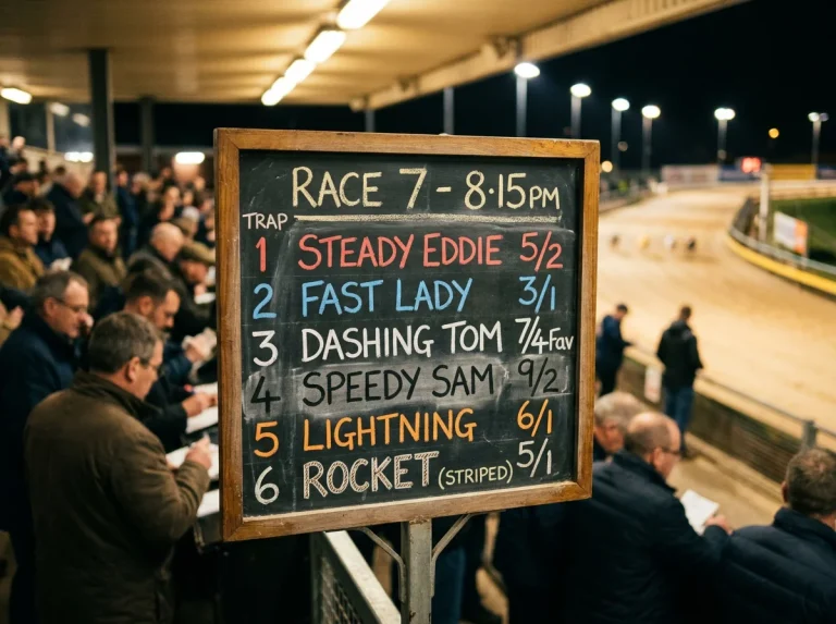 Bookmaker odds board displaying greyhound prices before a race