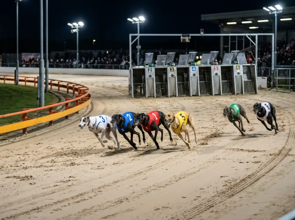 Diagram showing greyhound positions approaching the first bend at Yarmouth