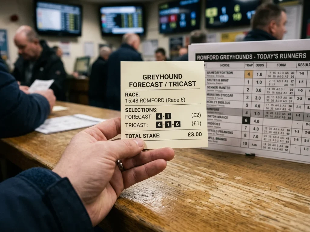 Betting slip showing forecast and tricast options for a greyhound race