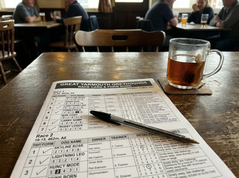 Close-up of a greyhound racecard showing form figures for Yarmouth runners