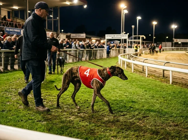Irish-bred greyhound in the pre-race parade at a UK licensed stadium