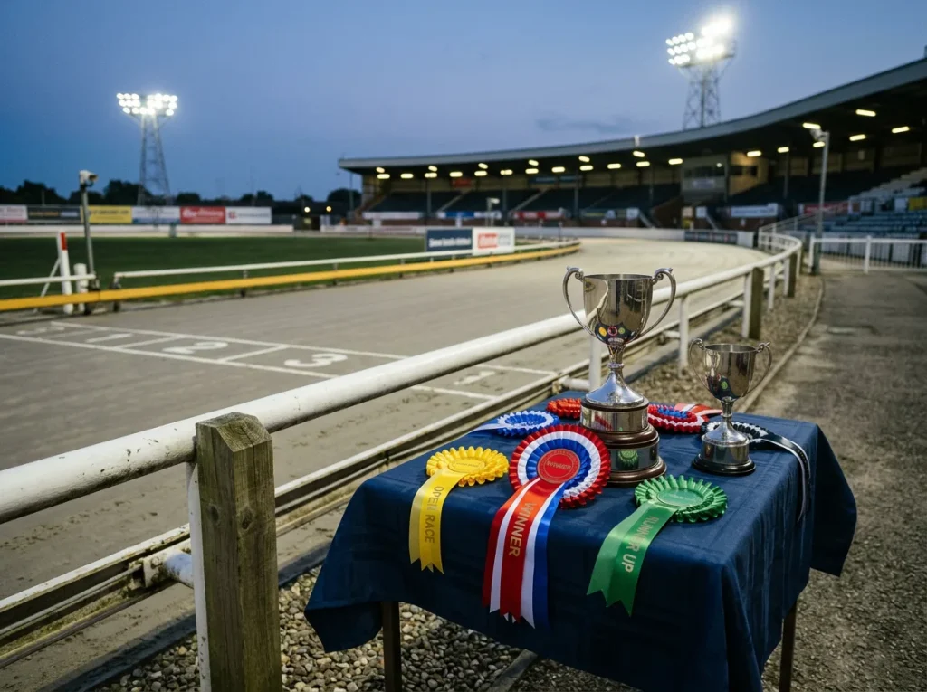 Open race competition at a UK greyhound stadium with premium presentation