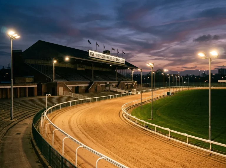 Historical and modern greyhound racing scenes marking the sport's centenary year