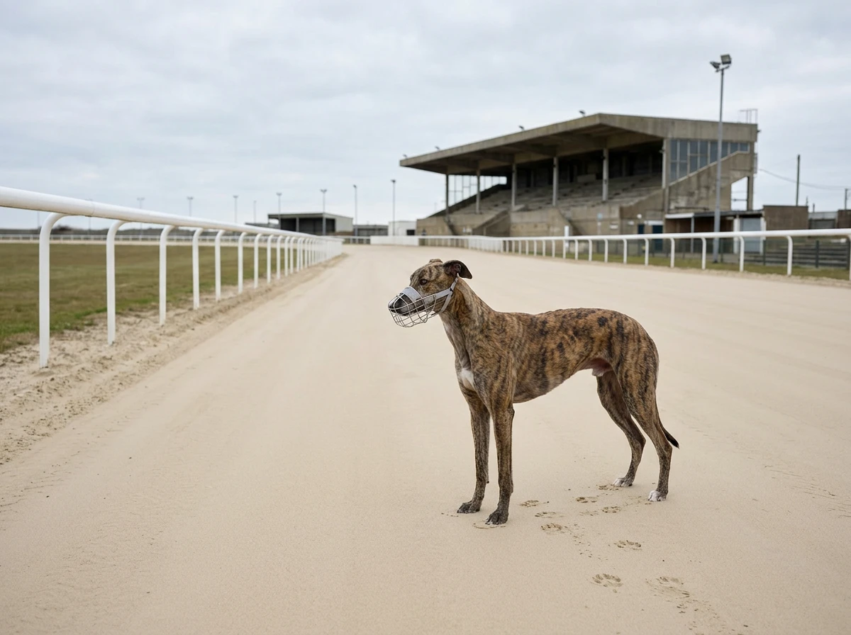 Greyhound on a sand track with a stadium grandstand in the background under overcast skies