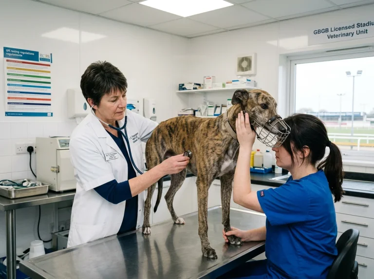 Veterinary inspection of a greyhound at a licensed UK racing stadium