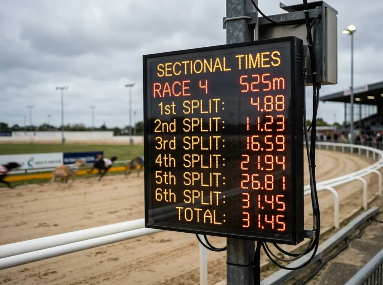Timing display showing sectional split data from a greyhound race