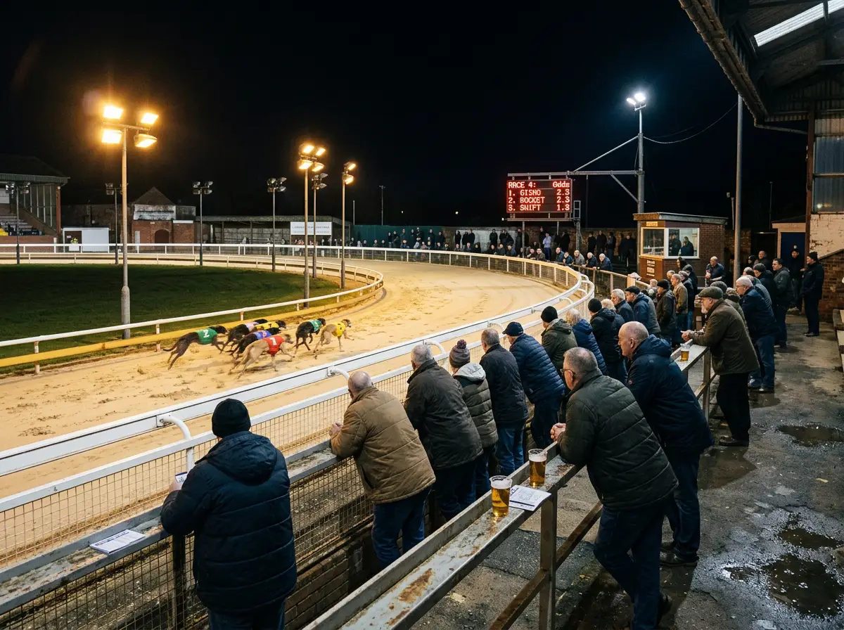 Evening atmosphere at a greyhound racing stadium with spectators watching a race under floodlights