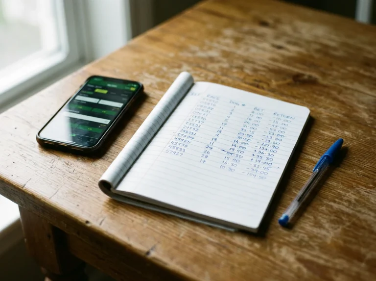 Notebook showing staking plan calculations for greyhound betting