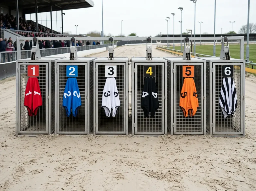 Six greyhounds wearing numbered racing jackets in the traditional trap colours