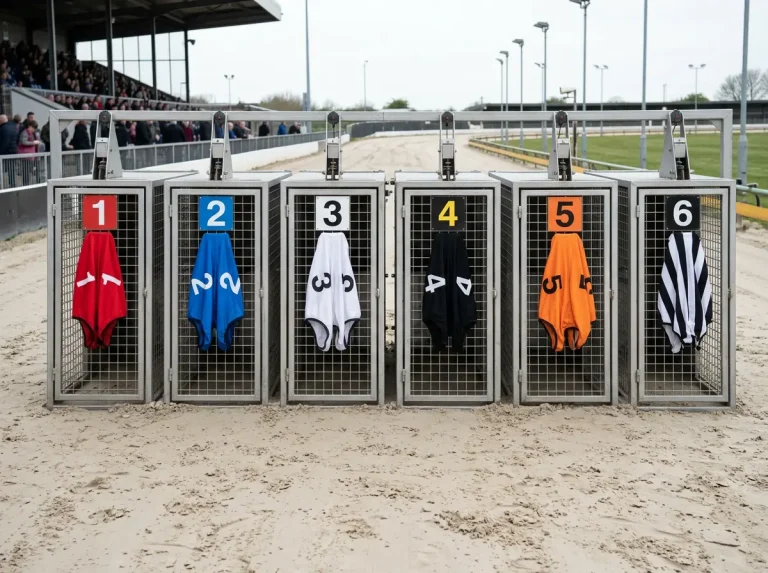 Six greyhounds wearing numbered racing jackets in the traditional trap colours