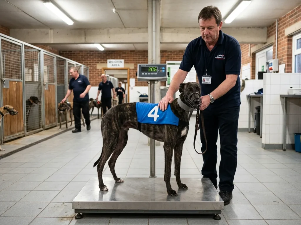 Greyhound being weighed on scales before a race at a licensed UK stadium