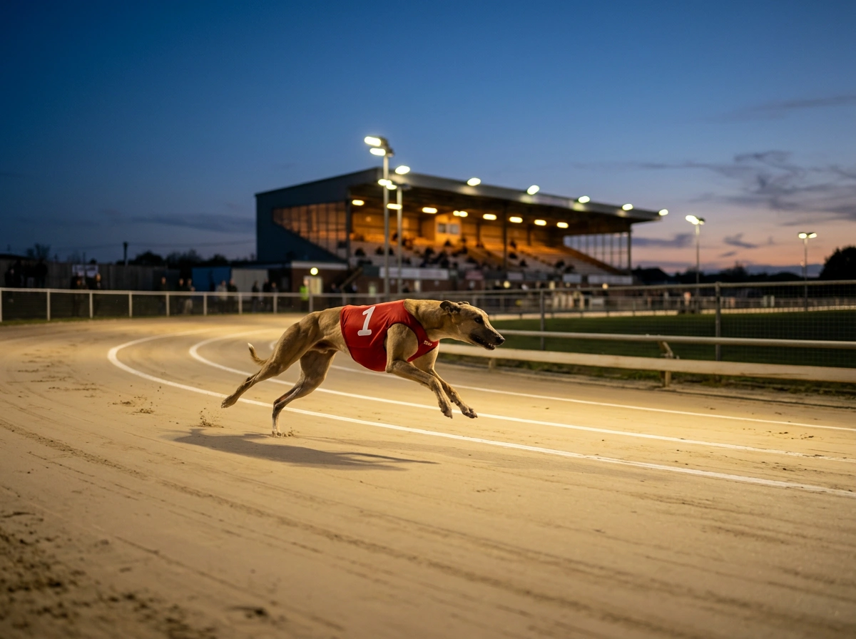 Yarmouth greyhound stadium track and starting traps at race time