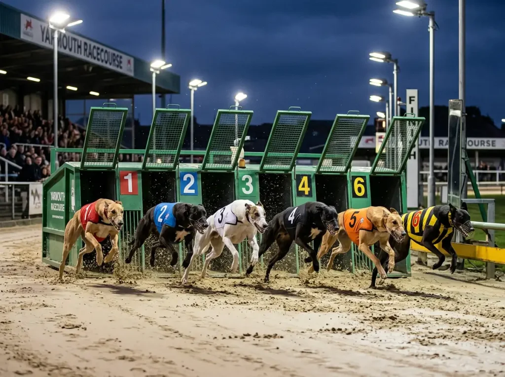 Greyhounds exploding from the traps in a 277 metre sprint at Yarmouth