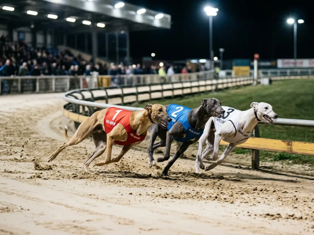Greyhounds racing around the first bend at Yarmouth over the 462 metre distance