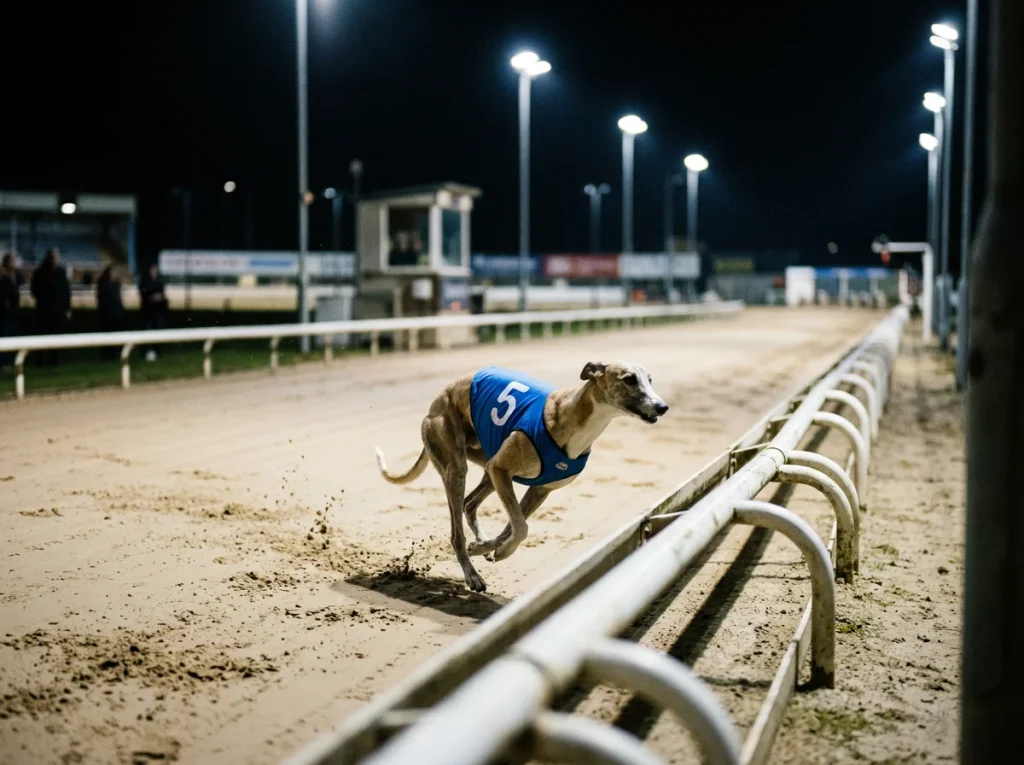 Greyhound maintaining pace through the far turn at Yarmouth over 659 metres