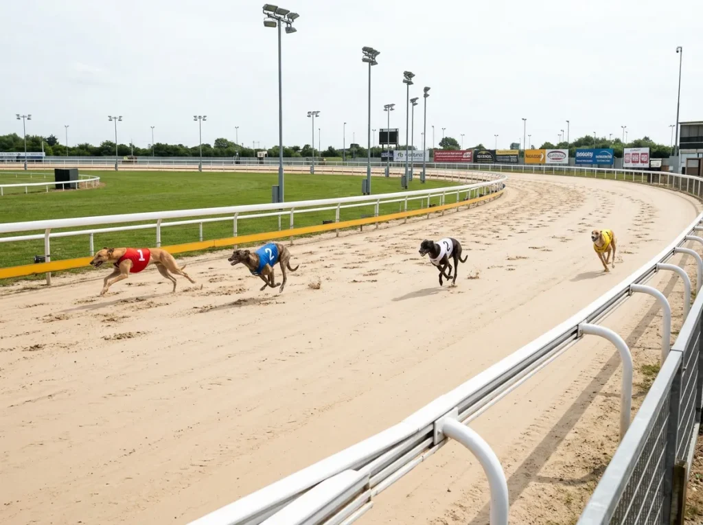 Greyhounds spread across the track during a marathon distance race at Yarmouth