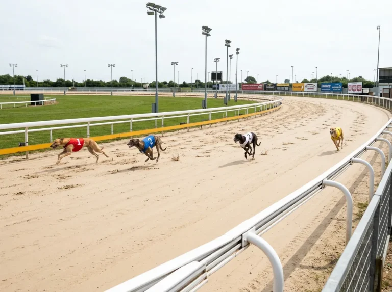 Greyhounds spread across the track during a marathon distance race at Yarmouth