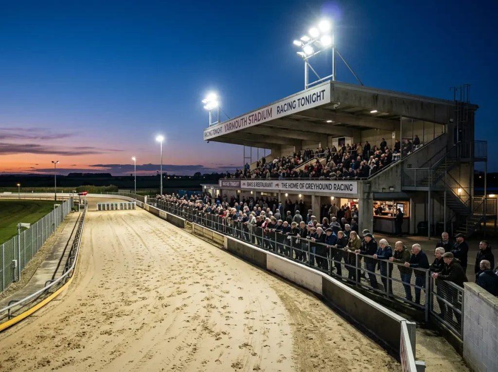 Yarmouth greyhound stadium at Caister-on-Sea with trackside view of the racing surface and grandstand
