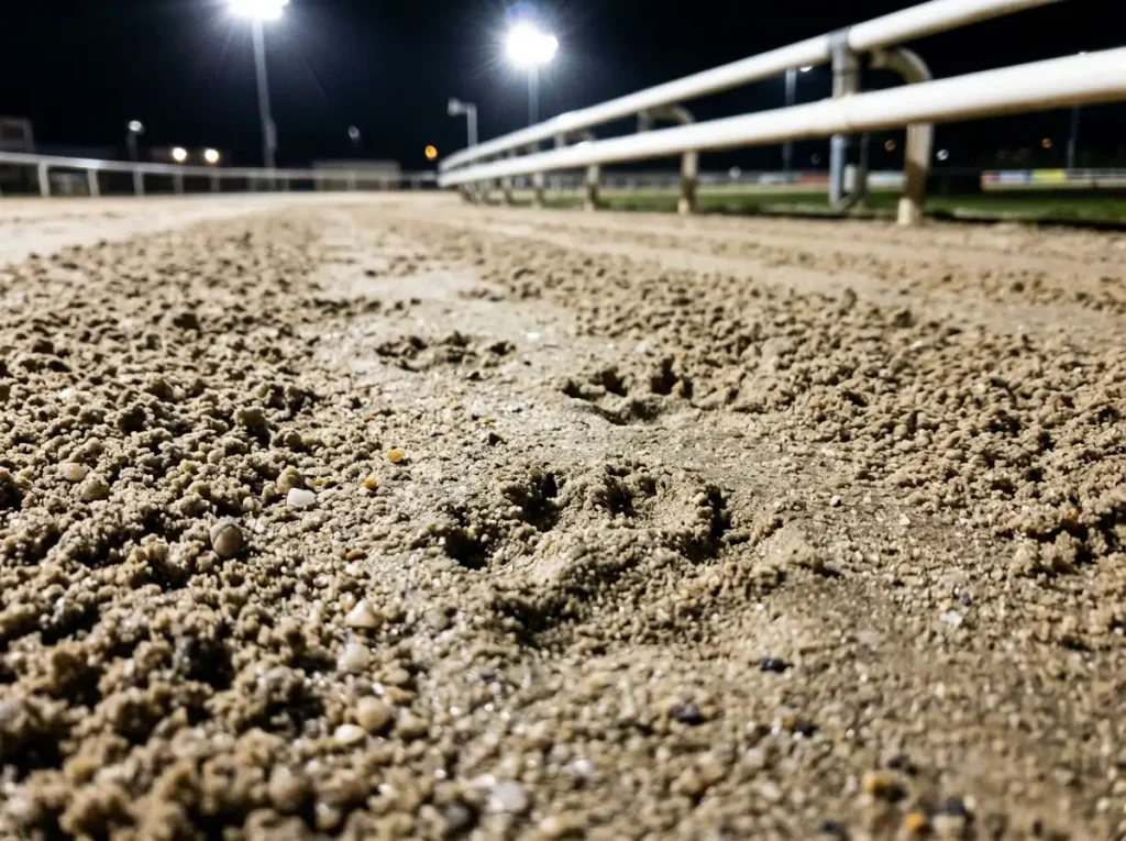 Yarmouth greyhound track surface showing sand conditions under floodlights