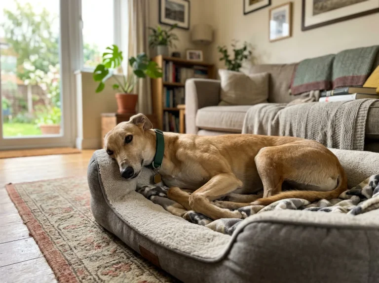 Retired greyhound relaxing in a home setting after being rehomed from racing