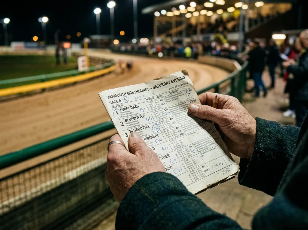 Yarmouth greyhound racecard showing trap draws, form figures and race data columns
