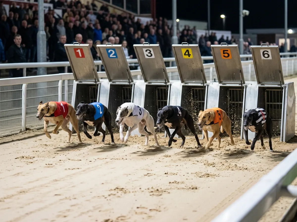 Greyhounds bursting from the starting traps at Yarmouth during a 277m sprint race