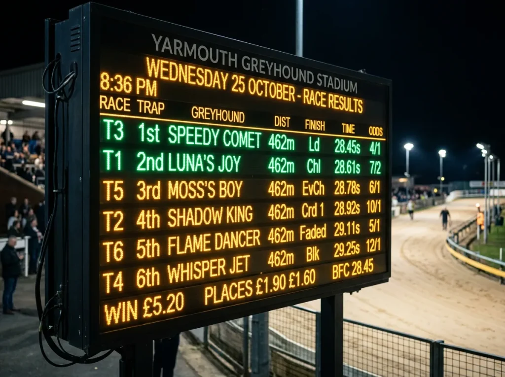 Yarmouth greyhound results displayed on a digital screen at the track