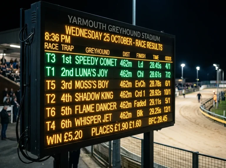 Yarmouth greyhound results displayed on a digital screen at the track