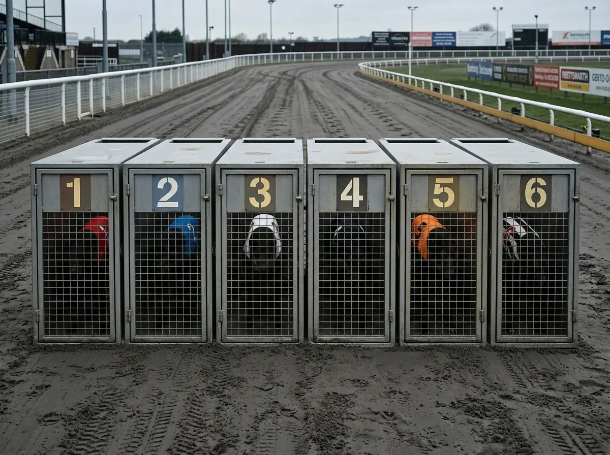 Close-up of the six numbered starting traps at a greyhound stadium with jacket colours visible