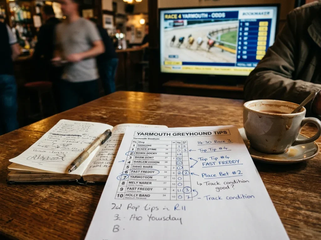 Data-led greyhound selection process showing form analysis and trap statistics for Yarmouth races
