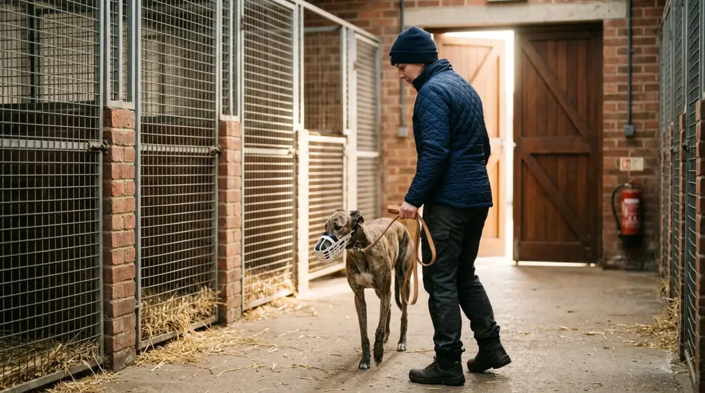 Yarmouth greyhound trainers preparing racing dogs at the stadium kennels