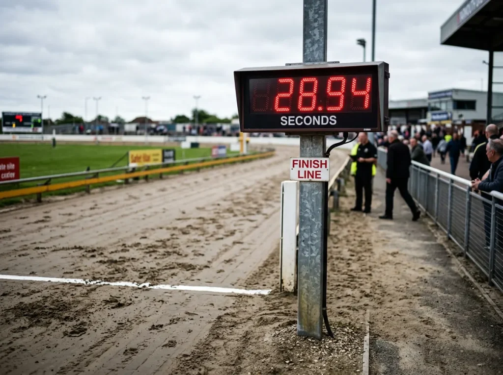 Timing clock displaying a winning time at Yarmouth greyhound stadium