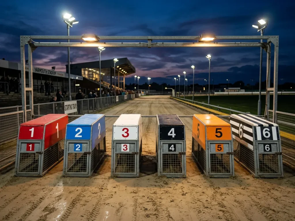 Yarmouth greyhound trap statistics showing win rate data across six starting boxes